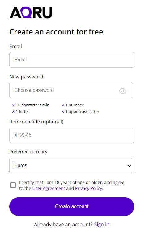 Aqru account aanmaken, debit card